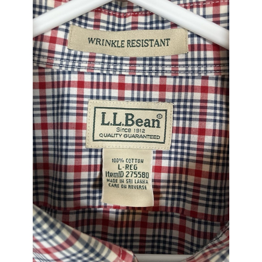 L.L. Bean Button Down Shirt‎ Mens L Red Plaid Wrinkle Resistant Cotton - Picture 2 of 5